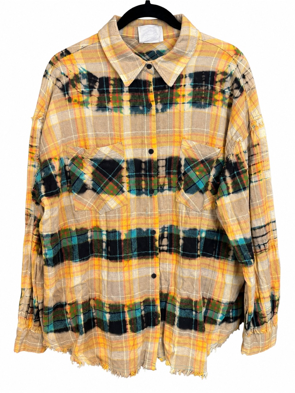 Fantastic Fawn Yellow Plaid Button Down Bleached Shirt w/ Black & Green Accents